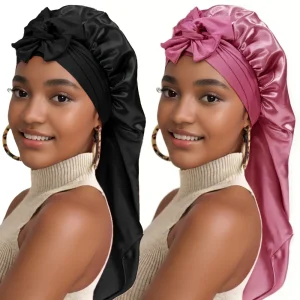 Lot de 2 bonnets de nuit extra longs en satin à nouer