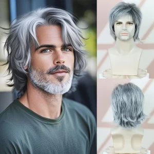 Perruque courte ondulée grise pour homme