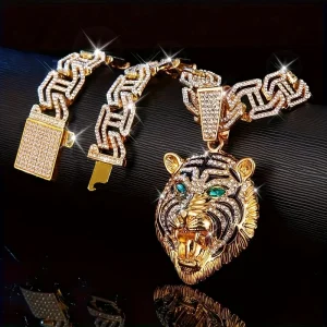 Pendentif tête de tigre aux yeux verts, 1 pièce, avec un collier cubain en strass